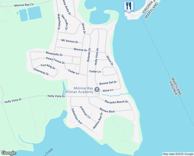 map of restaurants, bars, coffee shops, grocery stores, and more near 1052 Holly Vista Drive in Colonial Beach