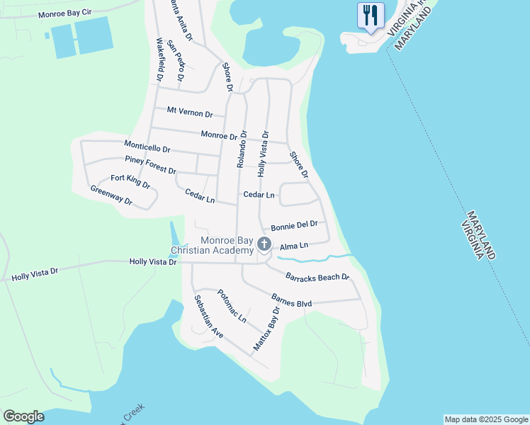 map of restaurants, bars, coffee shops, grocery stores, and more near 1052 Holly Vista Drive in Colonial Beach