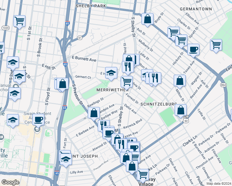 map of restaurants, bars, coffee shops, grocery stores, and more near 627 East Brandeis Avenue in Louisville