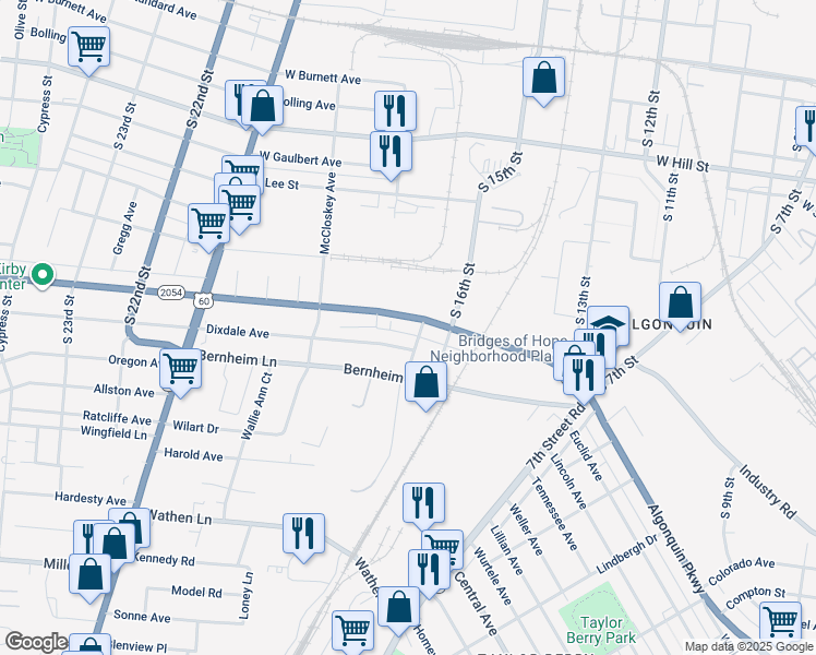 map of restaurants, bars, coffee shops, grocery stores, and more near 1614 Dixdale Avenue in Louisville