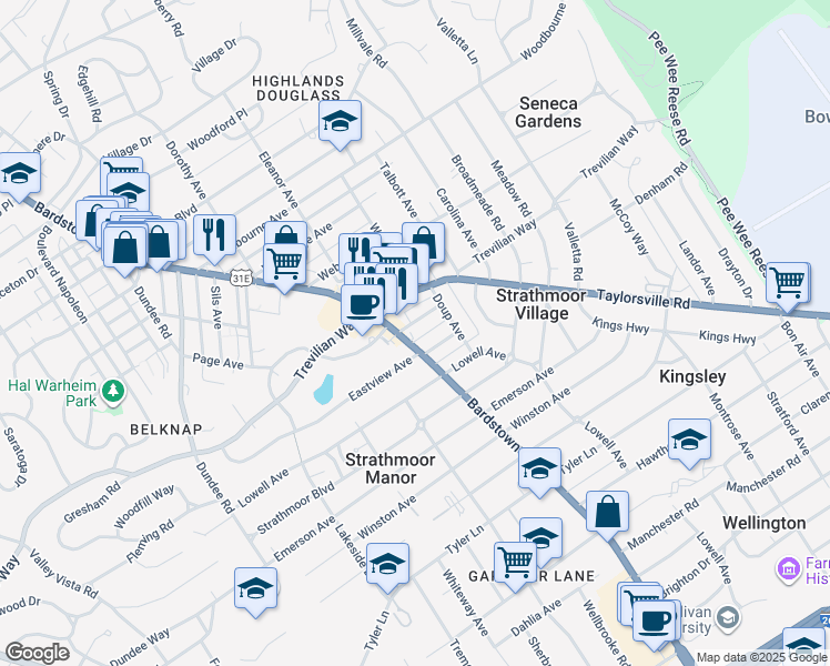 map of restaurants, bars, coffee shops, grocery stores, and more near 2230 Taylorsville Road in Louisville
