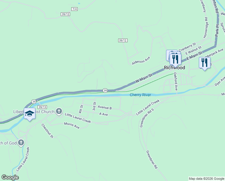 map of restaurants, bars, coffee shops, grocery stores, and more near Cemetery Road in Richwood