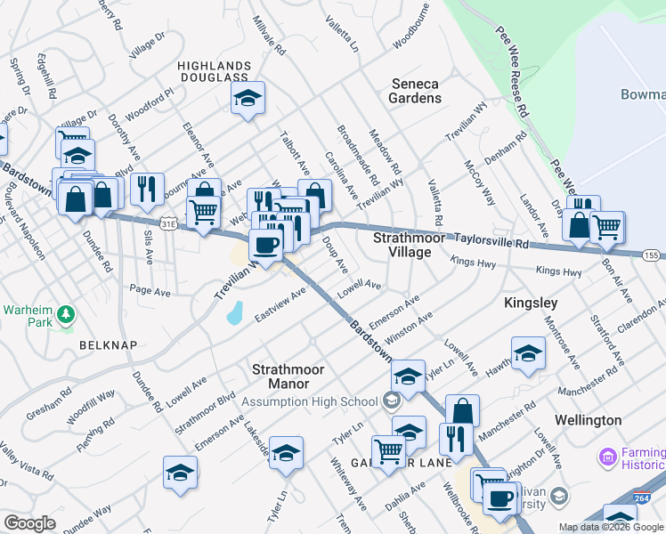 map of restaurants, bars, coffee shops, grocery stores, and more near 2238 Kaelin Avenue in Louisville