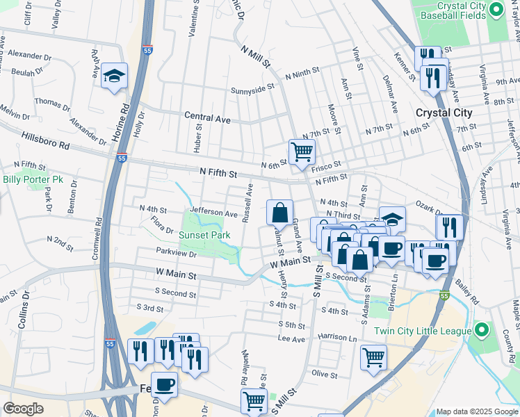 map of restaurants, bars, coffee shops, grocery stores, and more near 599 North 4th Street in Festus