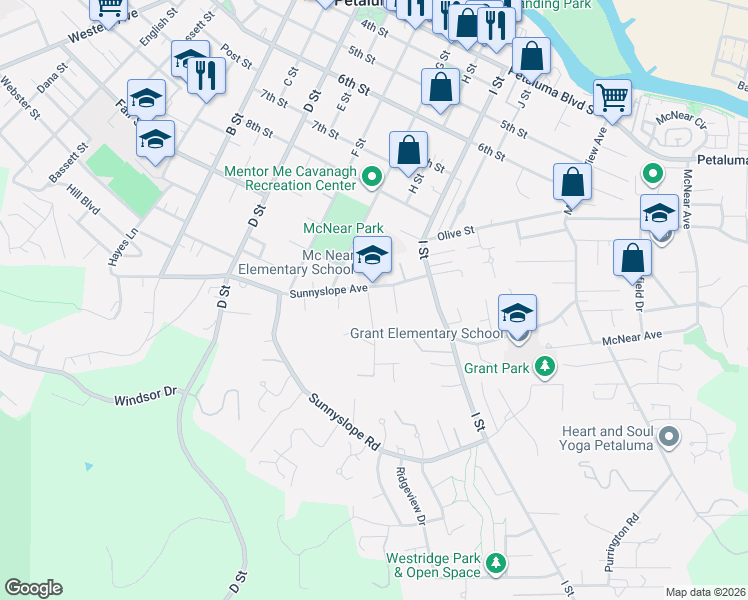 map of restaurants, bars, coffee shops, grocery stores, and more near 535 Sunnyslope Avenue in Petaluma