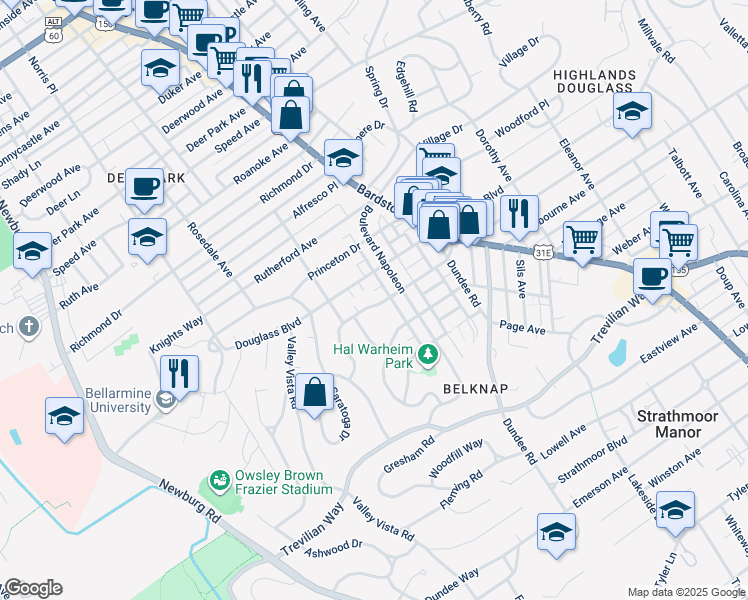 map of restaurants, bars, coffee shops, grocery stores, and more near 1894 Douglass Boulevard in Louisville