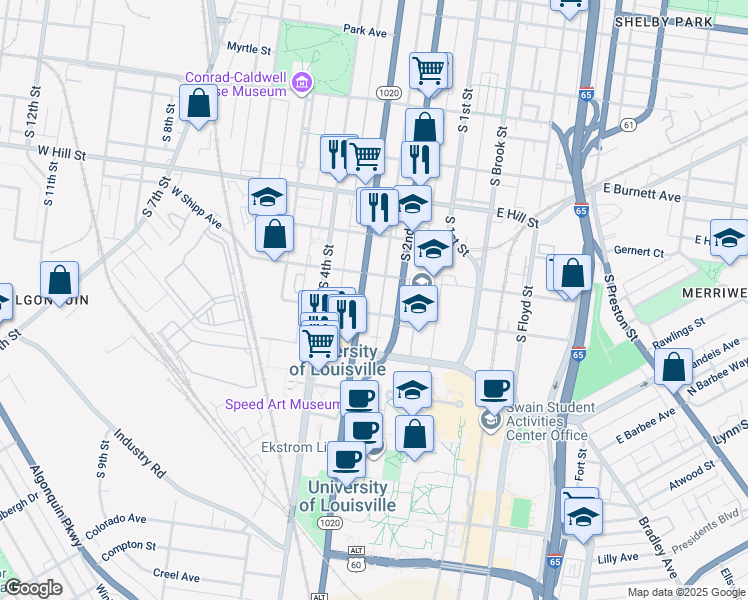 map of restaurants, bars, coffee shops, grocery stores, and more near 1704 South 3rd Street in Louisville