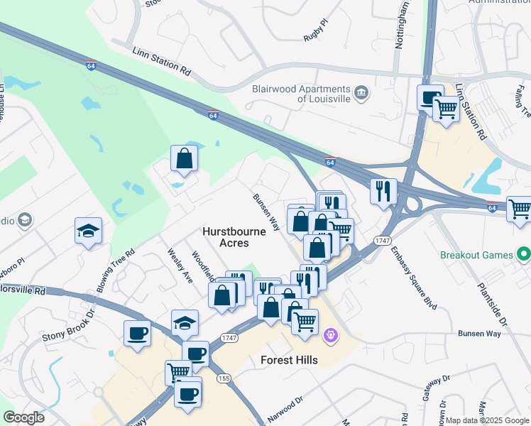 map of restaurants, bars, coffee shops, grocery stores, and more near 9400 Bunsen Way in Hurstbourne Acres