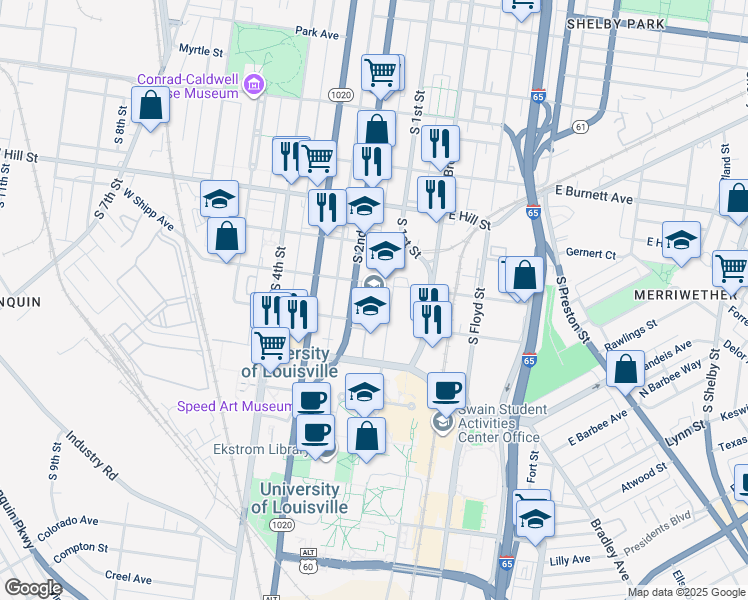 map of restaurants, bars, coffee shops, grocery stores, and more near 120 West Lee Street in Louisville