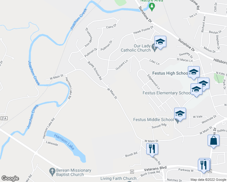 map of restaurants, bars, coffee shops, grocery stores, and more near 1963 West Main Street in Festus