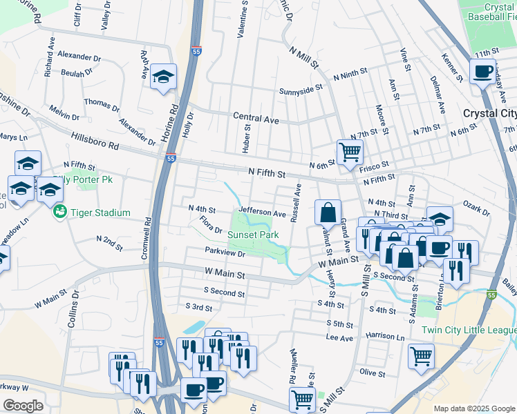 map of restaurants, bars, coffee shops, grocery stores, and more near 817 Jefferson Avenue in Festus