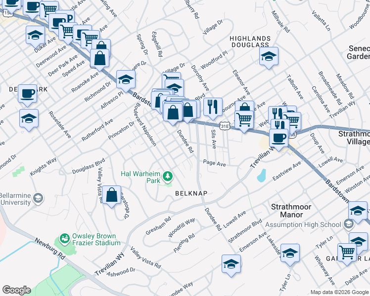 map of restaurants, bars, coffee shops, grocery stores, and more near 2234 Dundee Road in Louisville