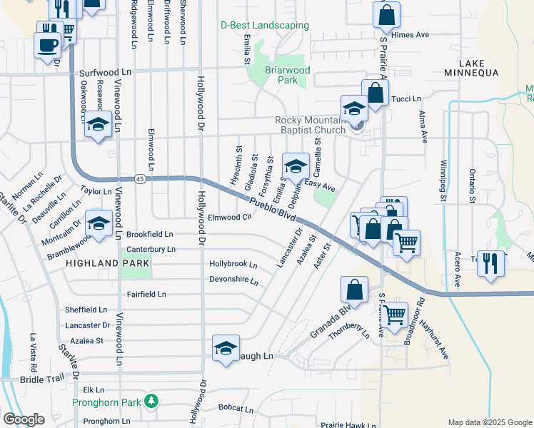 map of restaurants, bars, coffee shops, grocery stores, and more near 3280 West Pueblo Boulevard in Pueblo