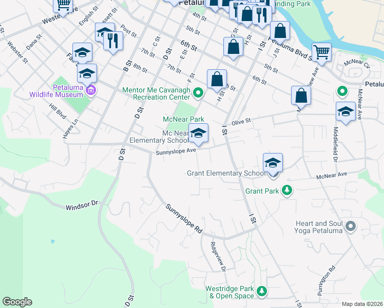 map of restaurants, bars, coffee shops, grocery stores, and more near 535 Sunnyslope Avenue in Petaluma