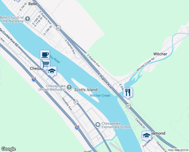 map of restaurants, bars, coffee shops, grocery stores, and more near 1908 U.S. 60 in Belle