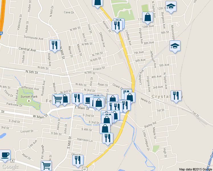 map of restaurants, bars, coffee shops, grocery stores, and more near 16 North Fifth Street in Festus