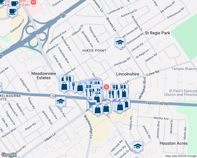 map of restaurants, bars, coffee shops, grocery stores, and more near 3905 Pembroke Road in Louisville