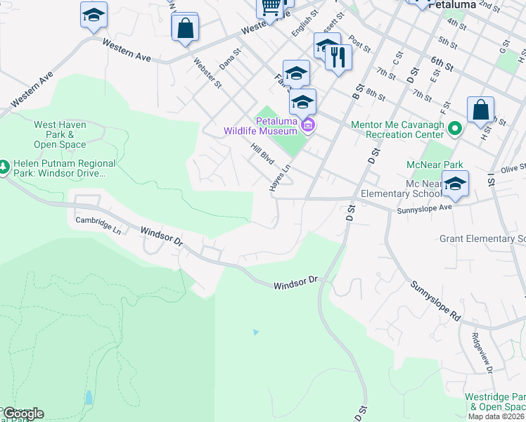 map of restaurants, bars, coffee shops, grocery stores, and more near 501 Hayes Lane in Petaluma