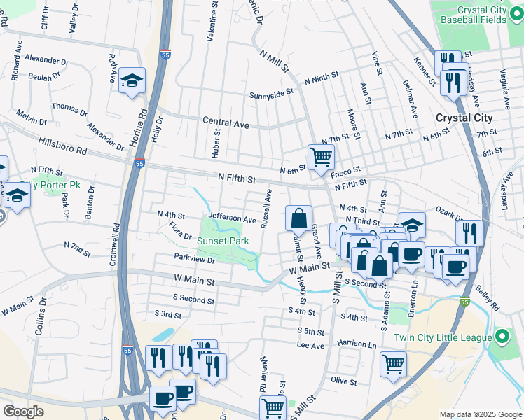 map of restaurants, bars, coffee shops, grocery stores, and more near 408 Russell Avenue in Festus