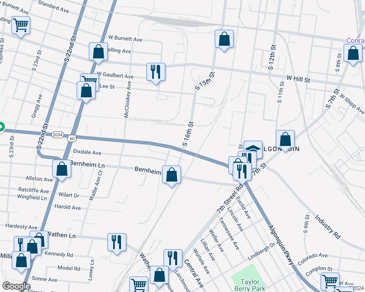 map of restaurants, bars, coffee shops, grocery stores, and more near 1601 Algonquin Parkway in Louisville