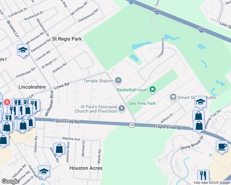 map of restaurants, bars, coffee shops, grocery stores, and more near 4701 Lowe Road in Louisville