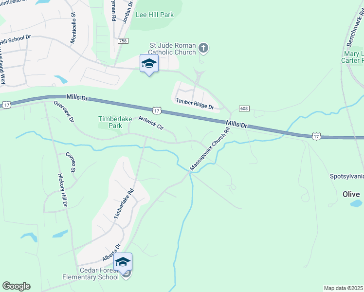 map of restaurants, bars, coffee shops, grocery stores, and more near 3412 Overview Drive in Fredericksburg