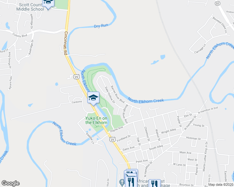 map of restaurants, bars, coffee shops, grocery stores, and more near 148 Barren River Boulevard in Georgetown