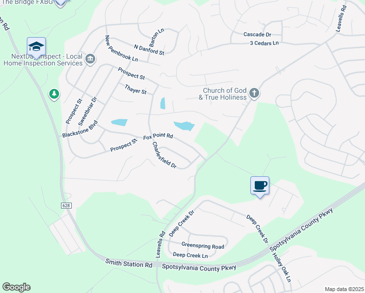 map of restaurants, bars, coffee shops, grocery stores, and more near 6012 Fox Point Road in Fredericksburg