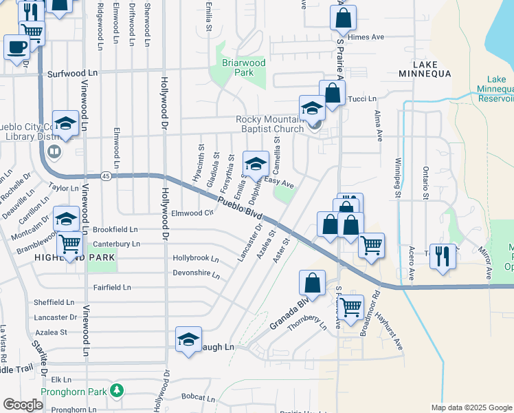 map of restaurants, bars, coffee shops, grocery stores, and more near 2670 Delphinium Street in Pueblo