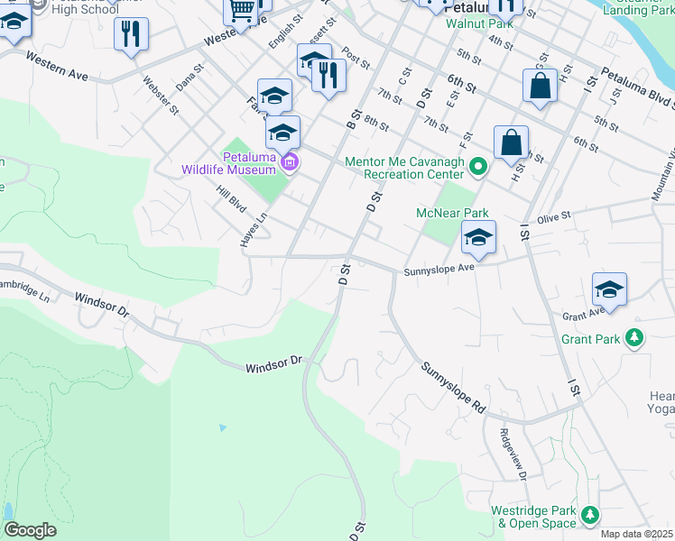 map of restaurants, bars, coffee shops, grocery stores, and more near 1200 D Street in Petaluma