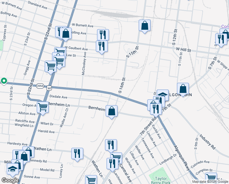 map of restaurants, bars, coffee shops, grocery stores, and more near 1609 Algonquin Parkway in Louisville