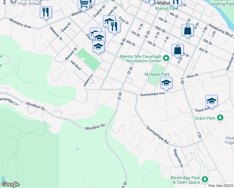 map of restaurants, bars, coffee shops, grocery stores, and more near 1200 D Street in Petaluma