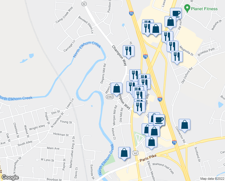 map of restaurants, bars, coffee shops, grocery stores, and more near 1075 Degaris Mill Road in Georgetown