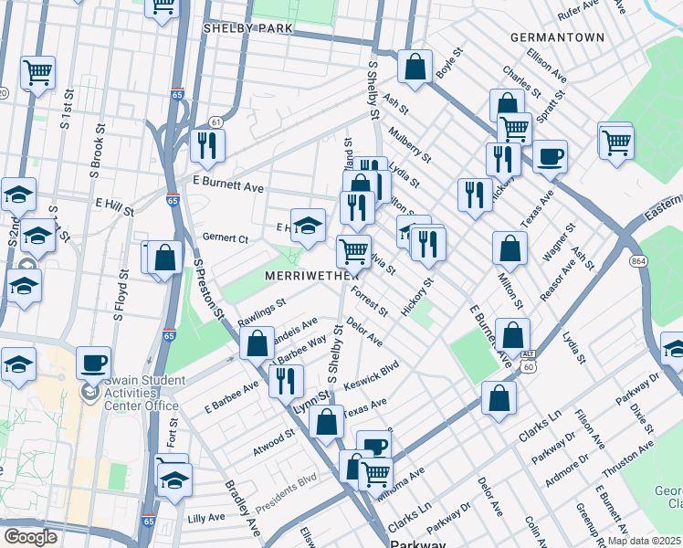 map of restaurants, bars, coffee shops, grocery stores, and more near 1543 South Shelby Street in Louisville