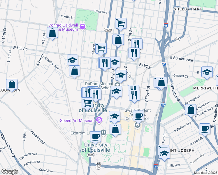 map of restaurants, bars, coffee shops, grocery stores, and more near 208 West Lee Street in Louisville