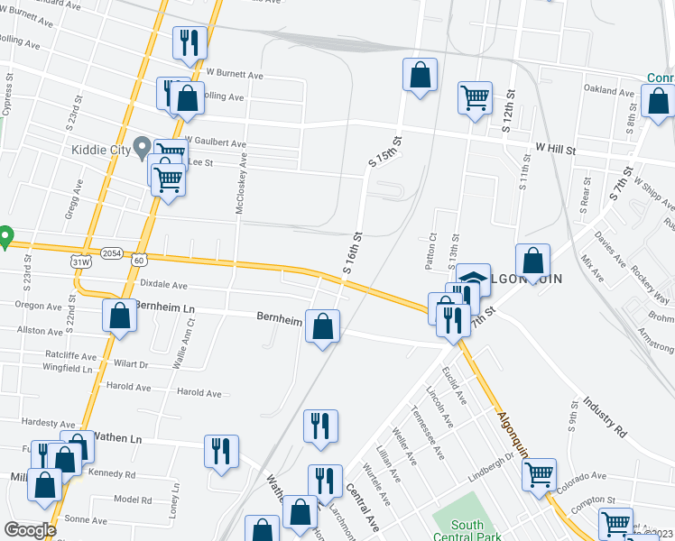 map of restaurants, bars, coffee shops, grocery stores, and more near 1609 Algonquin Parkway in Louisville