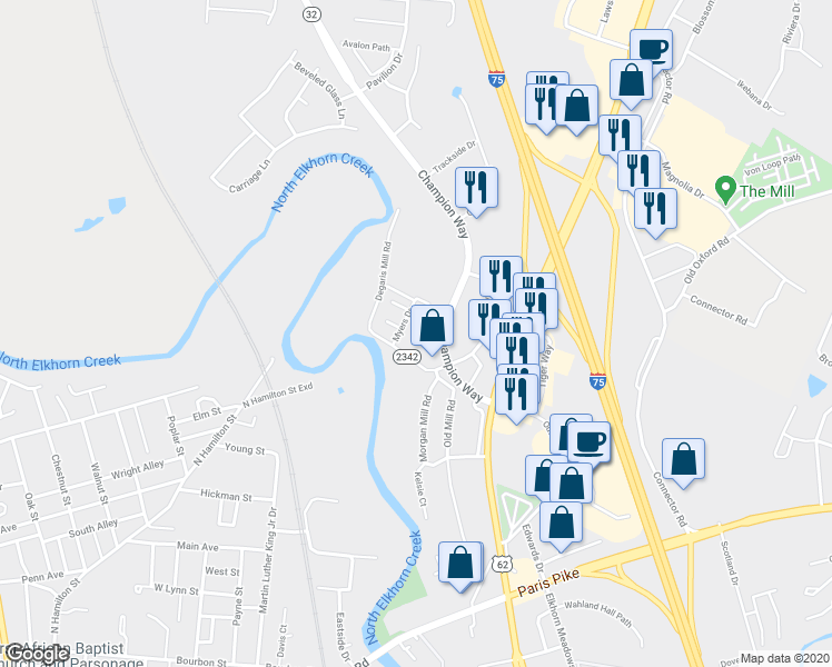 map of restaurants, bars, coffee shops, grocery stores, and more near 1075 Degaris Mill Road in Georgetown
