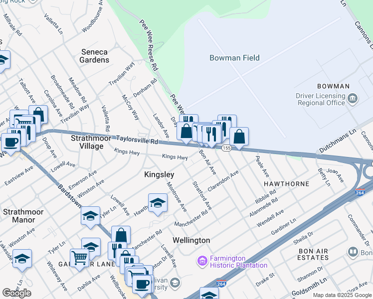 map of restaurants, bars, coffee shops, grocery stores, and more near 2704 Taylorsville Road in Kingsley