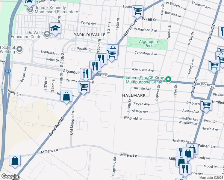 map of restaurants, bars, coffee shops, grocery stores, and more near 3012 Penway Avenue in Louisville