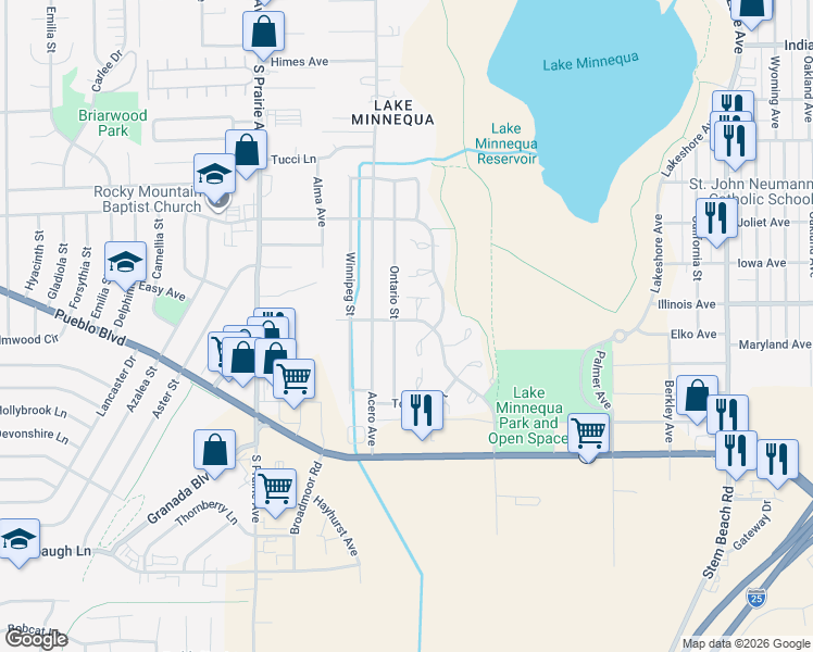 map of restaurants, bars, coffee shops, grocery stores, and more near 2703 Mirror Avenue in Pueblo