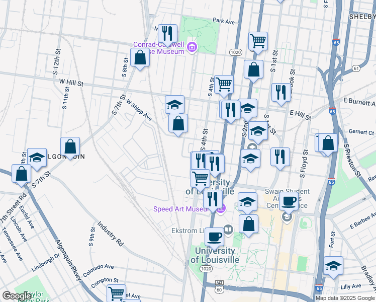 map of restaurants, bars, coffee shops, grocery stores, and more near Reg Smith Circle in Louisville