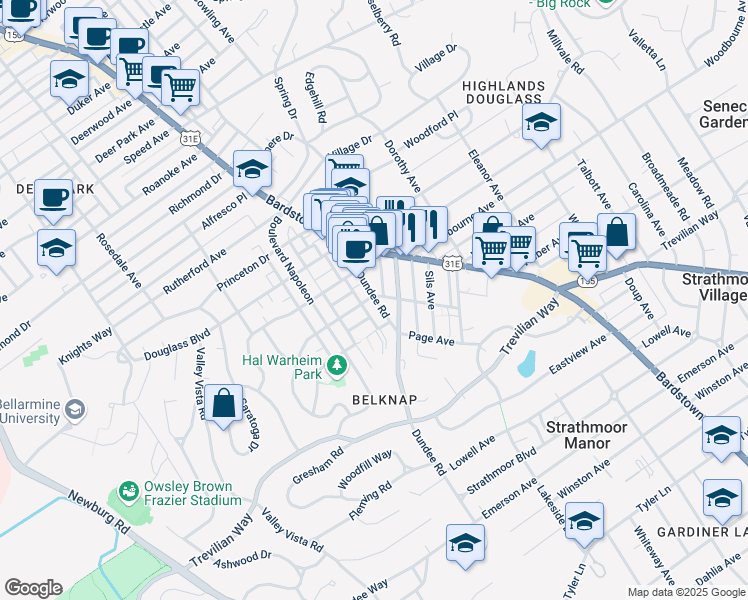 map of restaurants, bars, coffee shops, grocery stores, and more near 1907 Woodbourne Avenue in Louisville