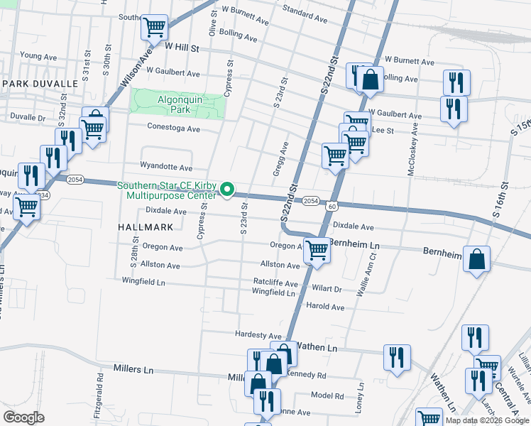 map of restaurants, bars, coffee shops, grocery stores, and more near 2126 Algonquin Parkway in Louisville