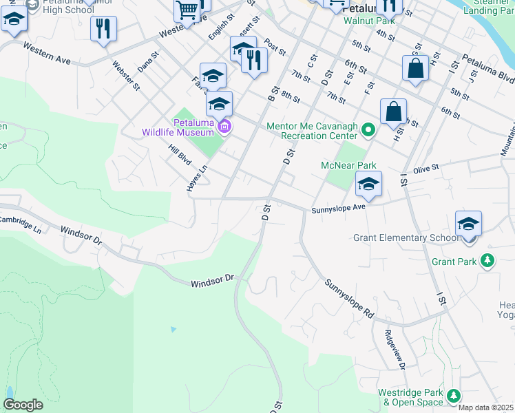 map of restaurants, bars, coffee shops, grocery stores, and more near 1200 D Street in Petaluma