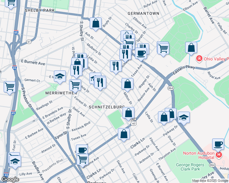 map of restaurants, bars, coffee shops, grocery stores, and more near 1129 Milton Street in Louisville