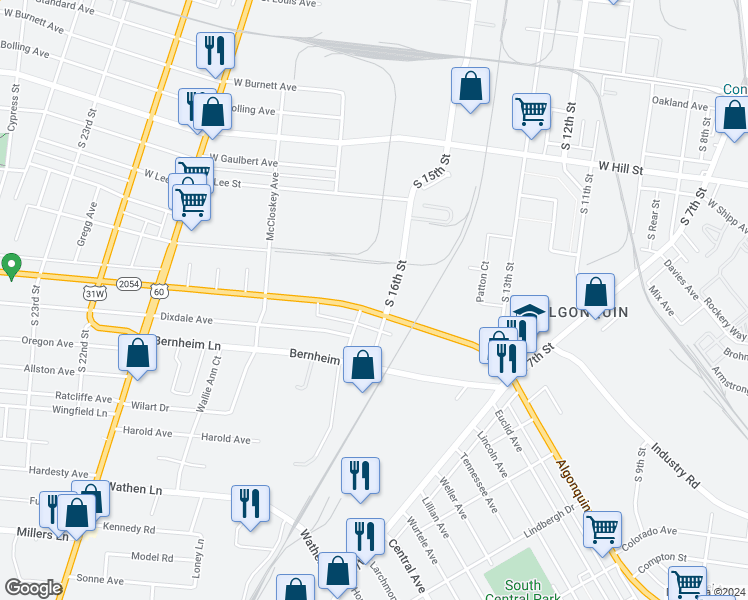 map of restaurants, bars, coffee shops, grocery stores, and more near 1609 Algonquin Parkway in Louisville
