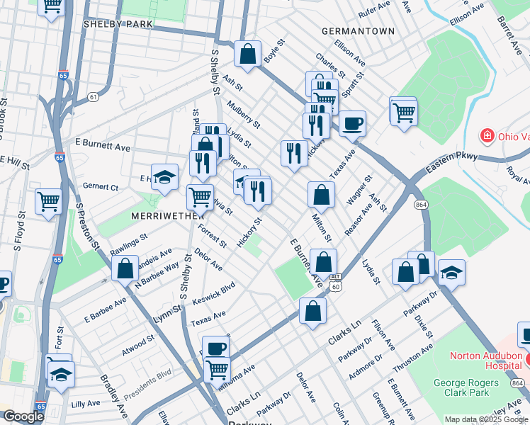 map of restaurants, bars, coffee shops, grocery stores, and more near E Burnett Ave & Hickory St in Louisville
