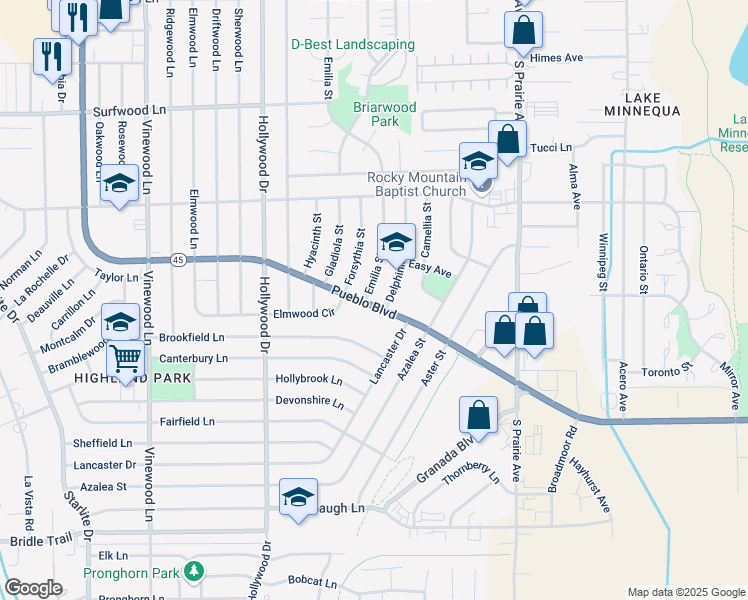 map of restaurants, bars, coffee shops, grocery stores, and more near 3280 West Pueblo Boulevard in Pueblo