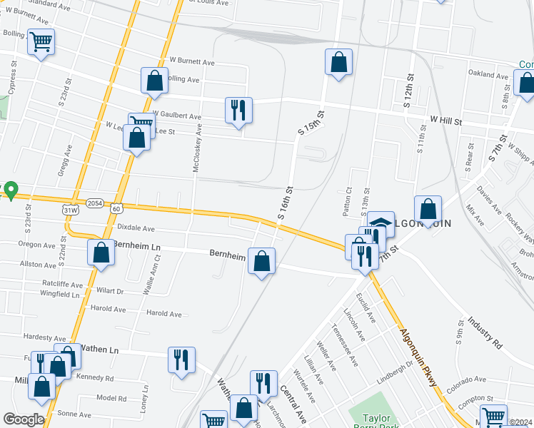 map of restaurants, bars, coffee shops, grocery stores, and more near 1609 Algonquin Parkway in Louisville