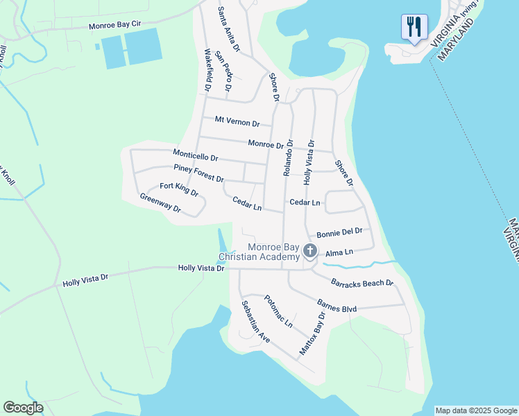 map of restaurants, bars, coffee shops, grocery stores, and more near 288 Cedar Lane in Colonial Beach